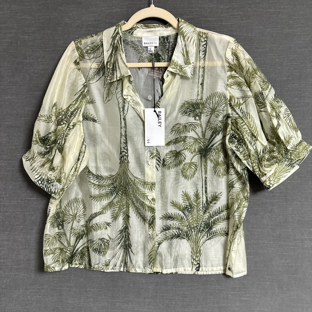 Bailey Top L Green Crean Palm Tropical Sheer Cropped Button Resort Hawaiian